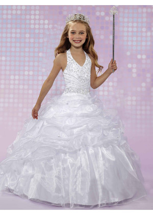 Halter Neck Beaded Organza Pick-up Bubble Skirt Flower Girl Dress